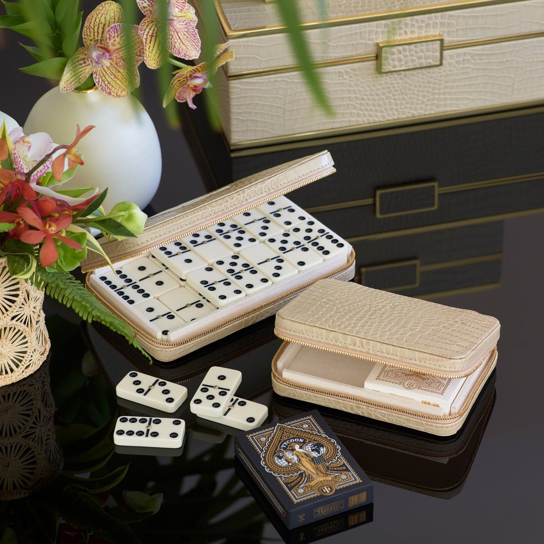 Enzo Travel Domino Set in Fawn by AERIN - Lifestyle Image at Fig Linens and Home