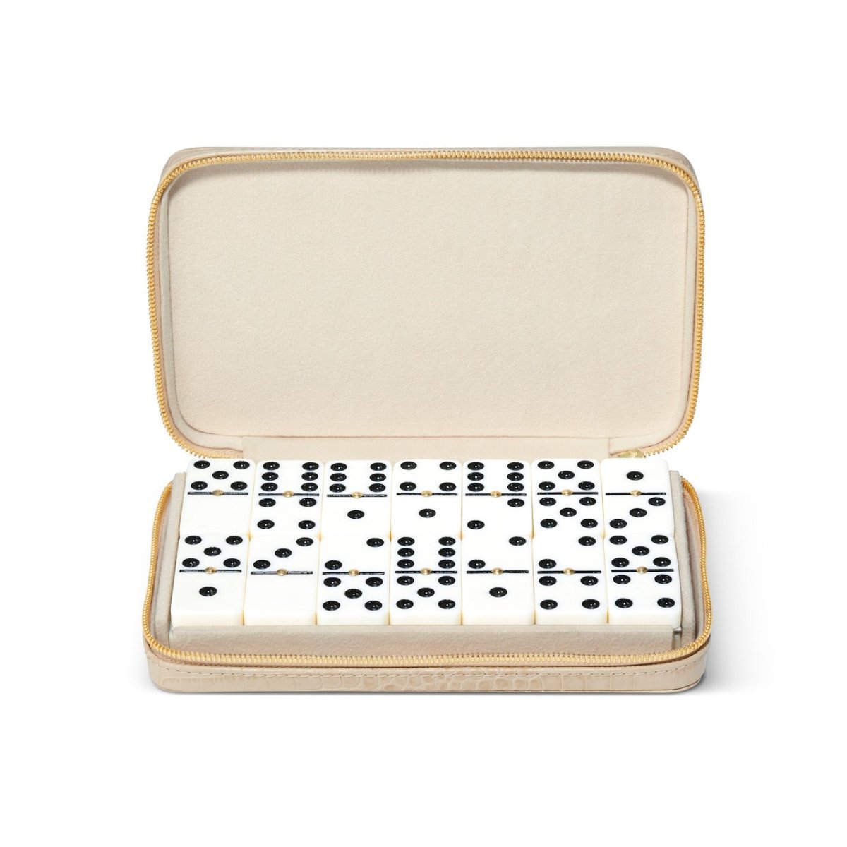 Enzo Travel Domino Set in Fawn by AERIN at Fig Linens and Home - Case Open with Dominoes on View