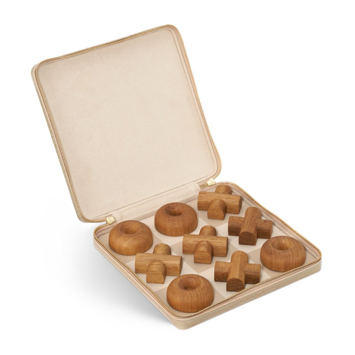 Enzo Travel Tic Tac Toe Set in Fawn by AERIN at Fig Linens and Home - Open Case with Wood Pieces