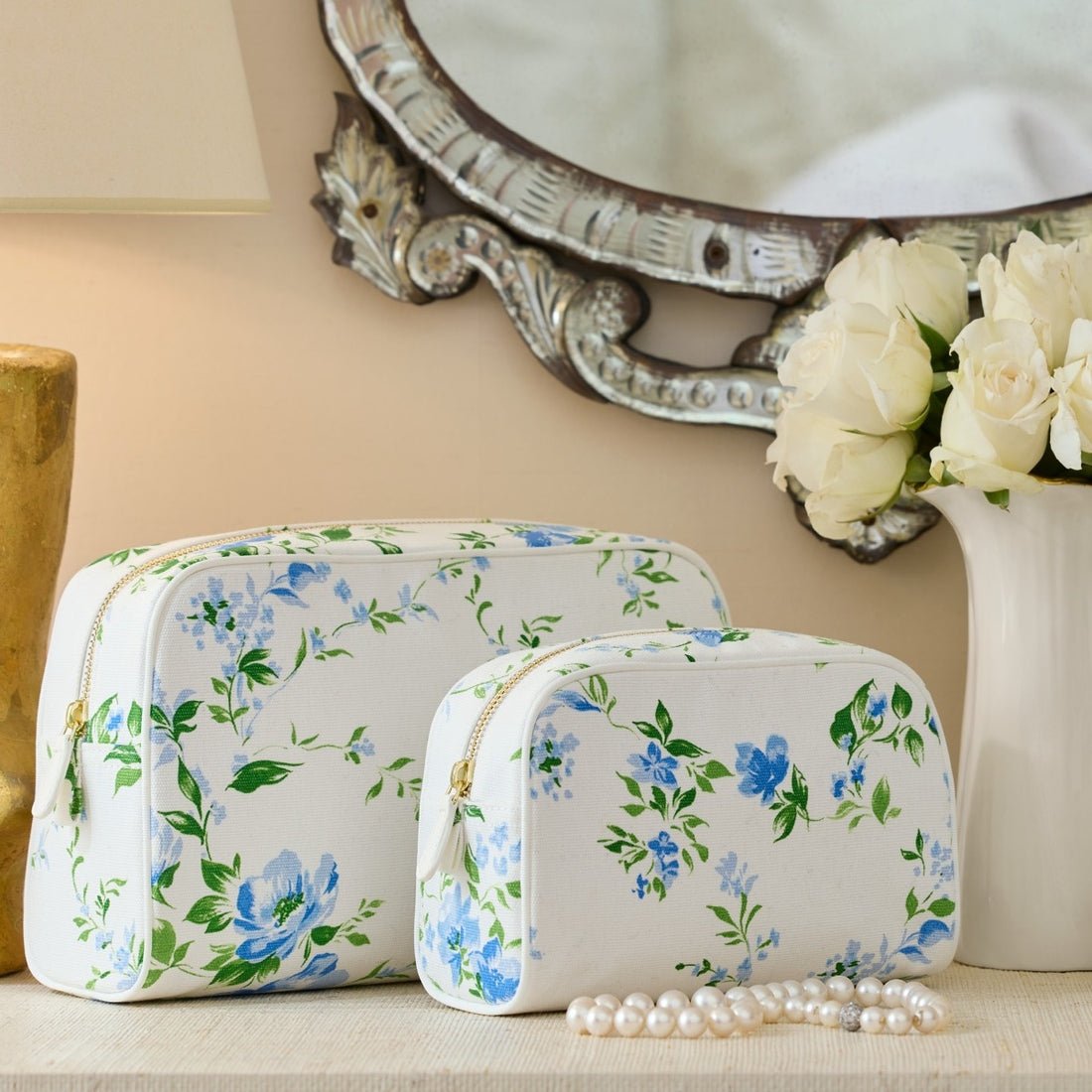 Fleurs du Vent Large Beauty Bag by D Porthault pour AERIN - Lifestyle at Fig Linens and Home 1