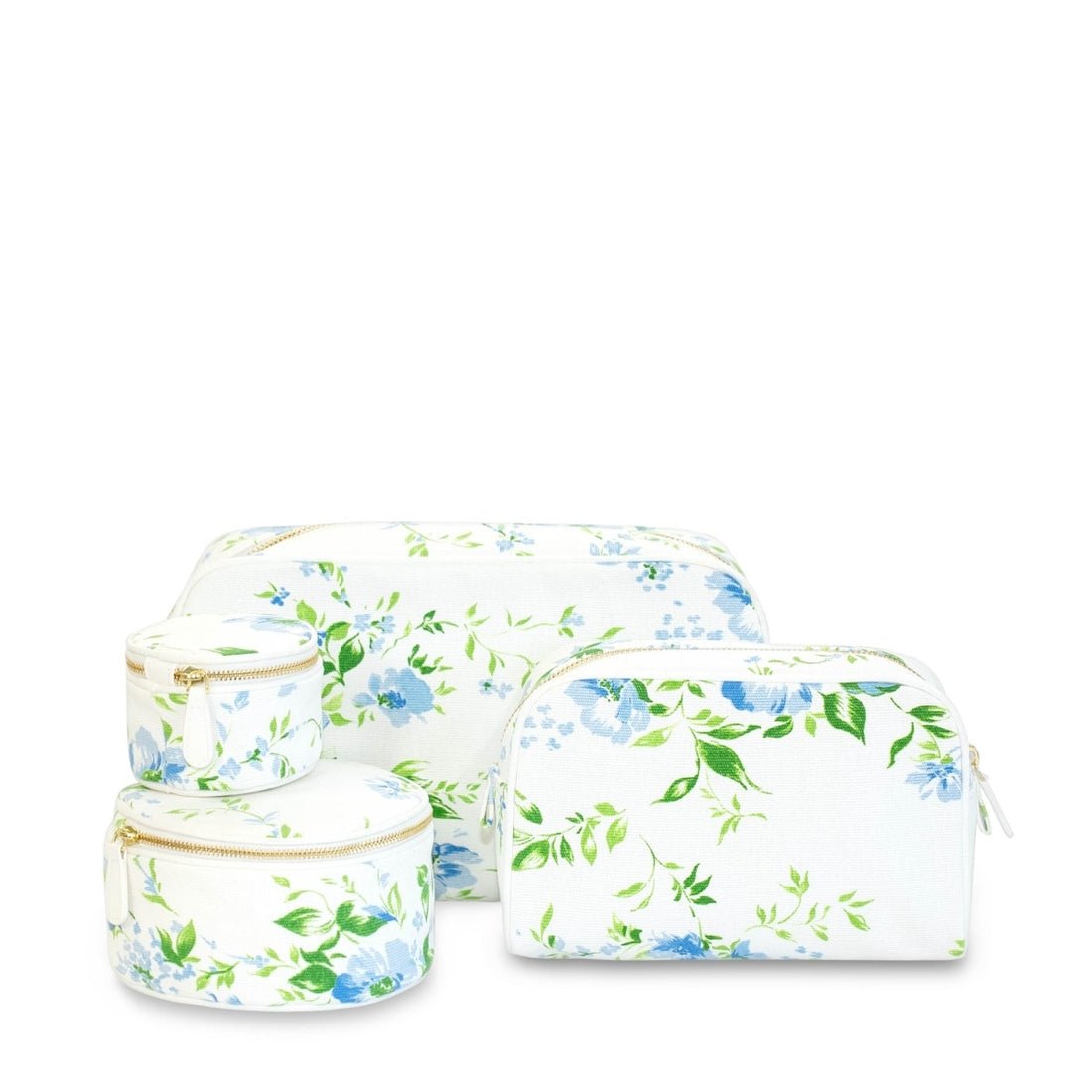 Fleurs du Vent Large Round Jewelry Case by D Porthault pour AERIN - Shown with All Porthault Collection Pouches