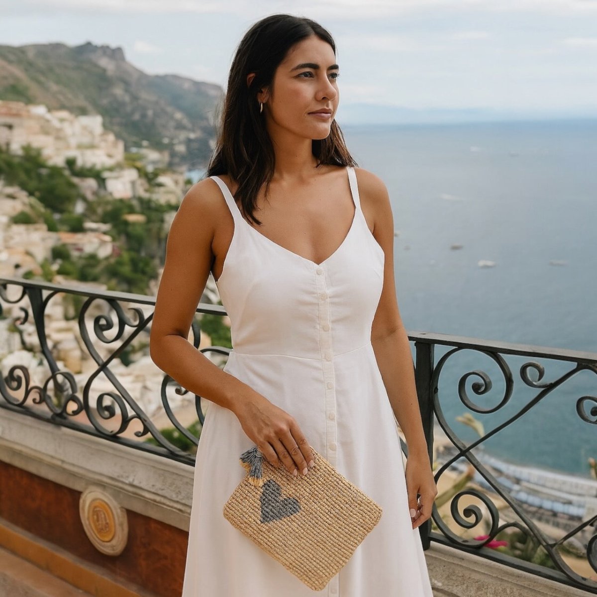 Large Heart Raffia Zip-Pouch in Denim Blue by AERIN - Lifestyle on Amalfi Coast