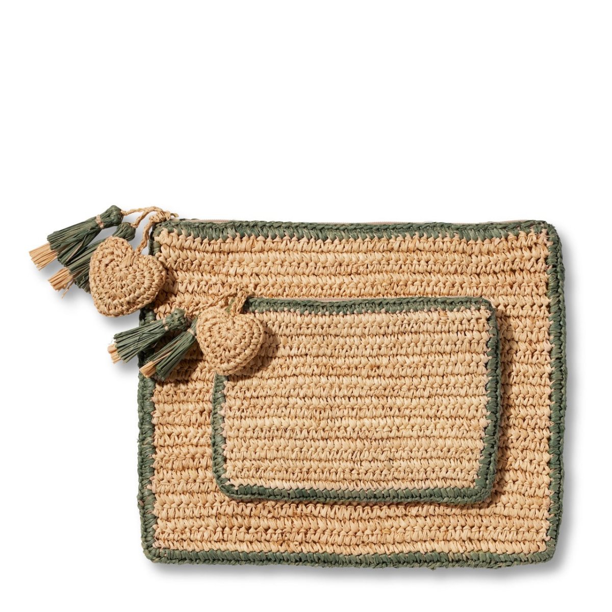 Large Raffia Pouch with Sage Green Border by AERIN - shown with Smaller Pouch at Fig Linens and Home 2