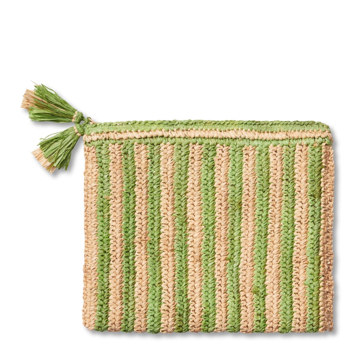 Large Striped Raffia Zip Pouch Green by AERIN | Clutch Bag in Natural Materials with Tassel 1