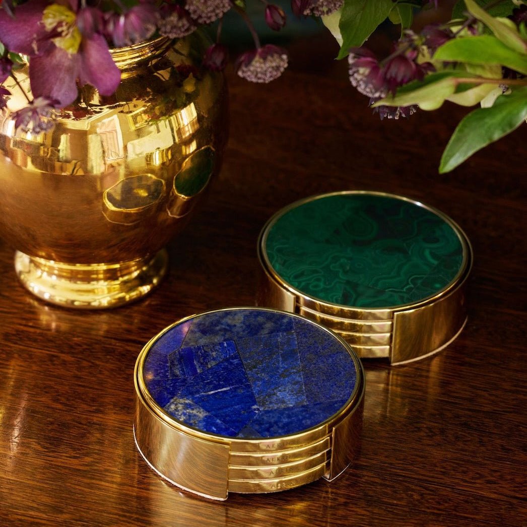 Lucas Mosaic Coasters in Lapis Blue | Lifestyle of AERIN at Fig Linens and Home