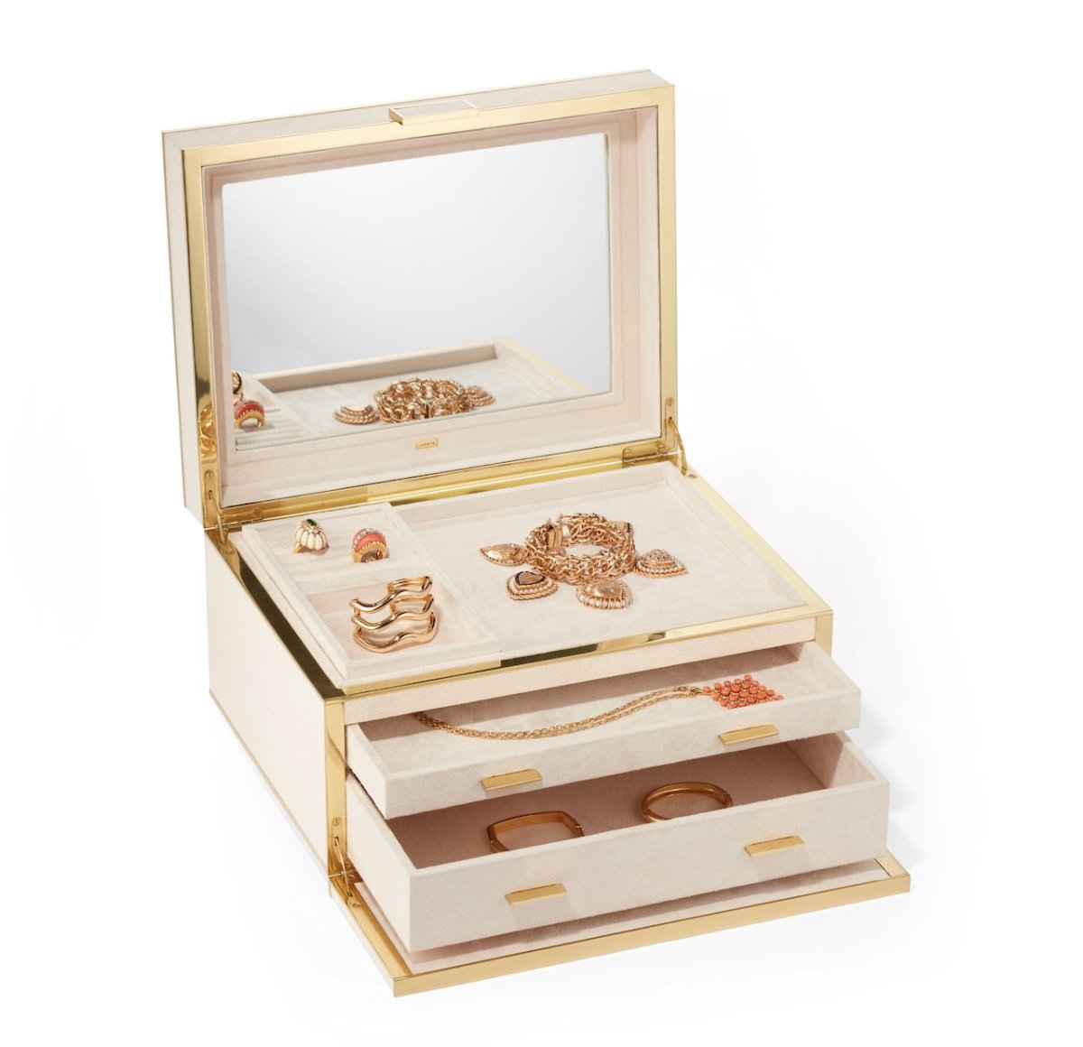 AERIN Luxe Shagreen Jewelry Box in Cream | Luxury Jewelry Box at Fig Linens and Home - Open Front 2