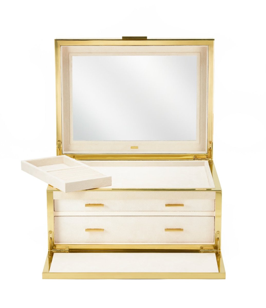 AERIN Luxe Shagreen Jewelry Box in Cream | Luxury Jewelry Box at Fig Linens and Home - Open Front 1