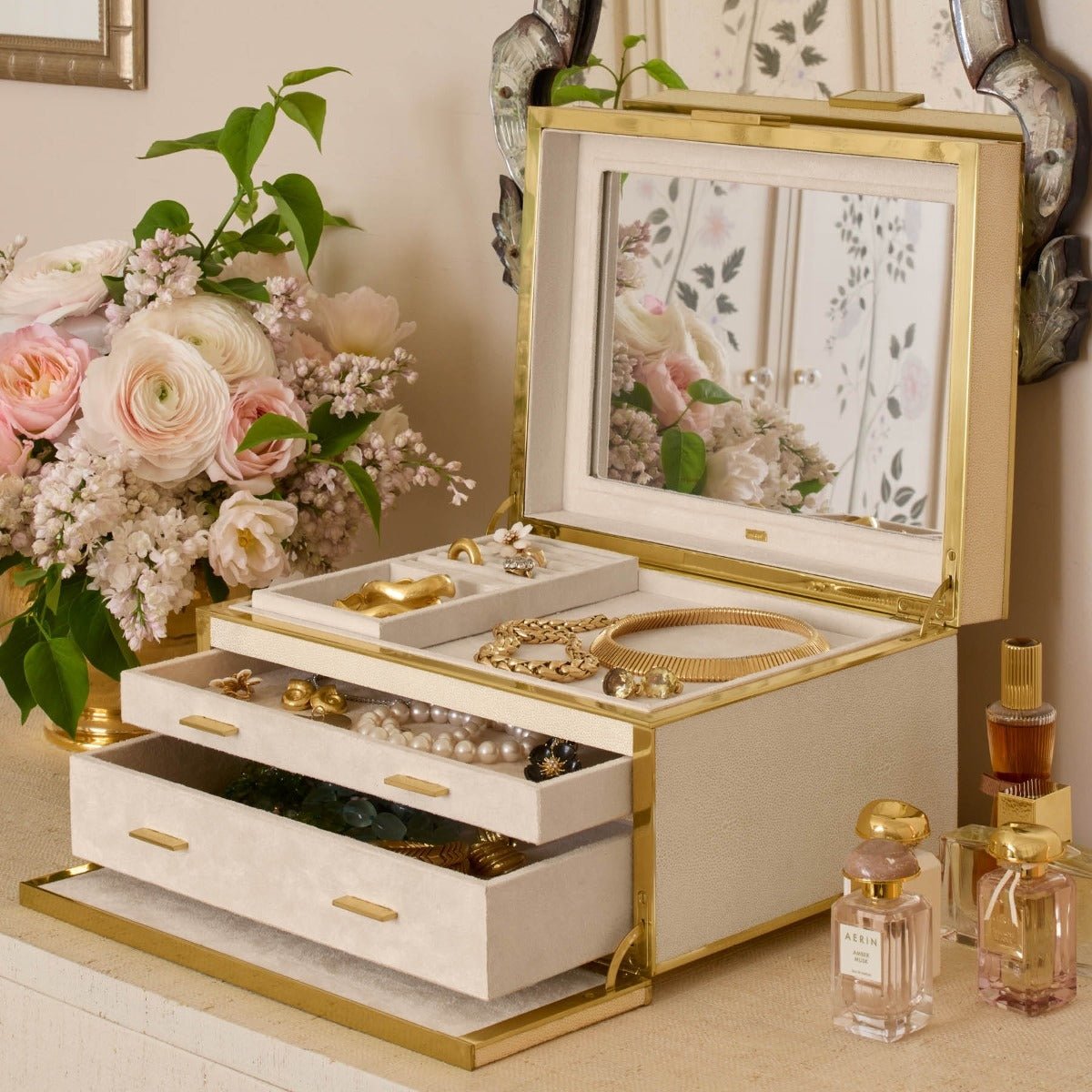 AERIN Luxe Shagreen Jewelry Box in Cream | Luxury Jewelry Box at Fig Linens and Home - Lifestyle 1