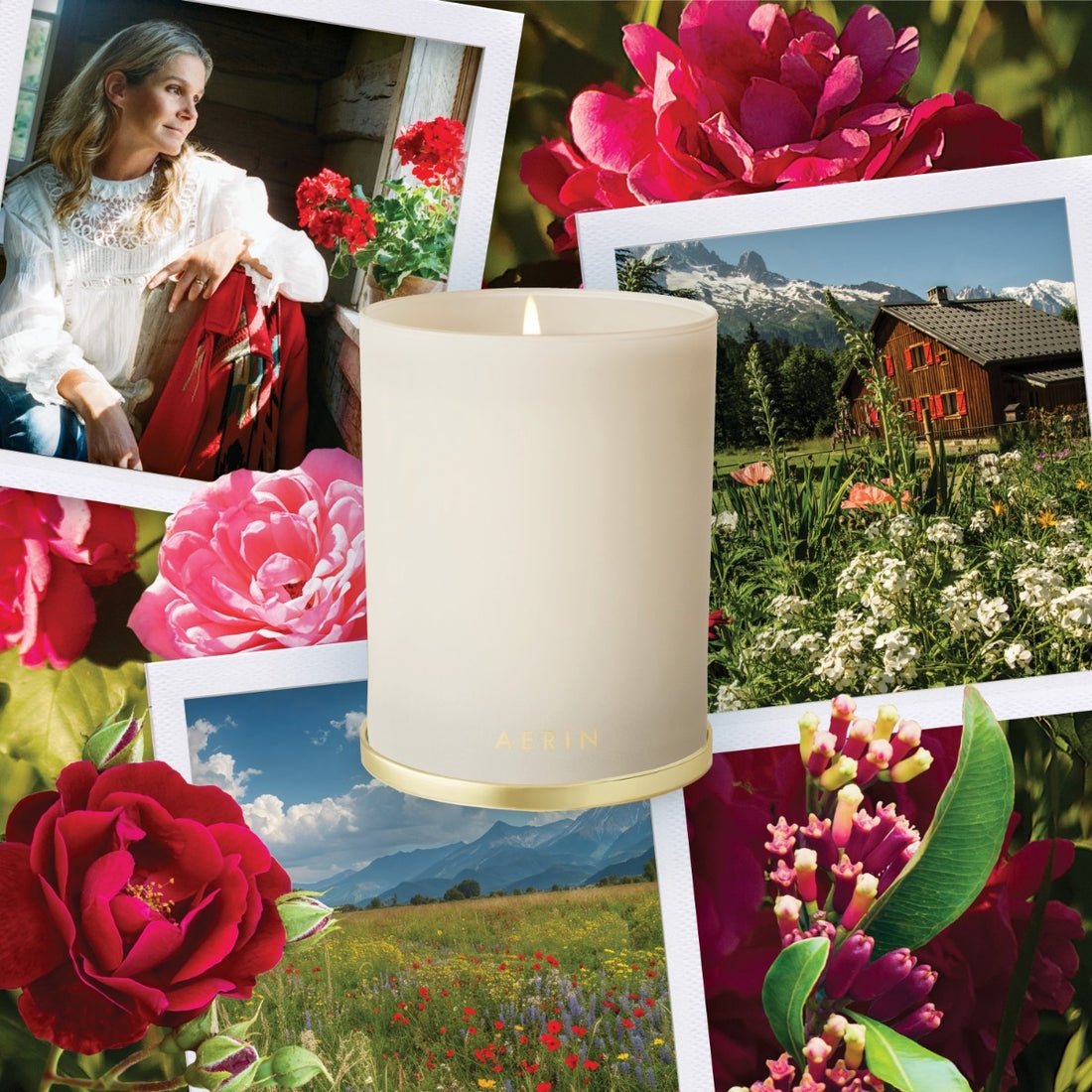 Megeve's Rose Candle 9.5 oz by AERIN - Mood Board showing Fragrance Notes and Insipiration