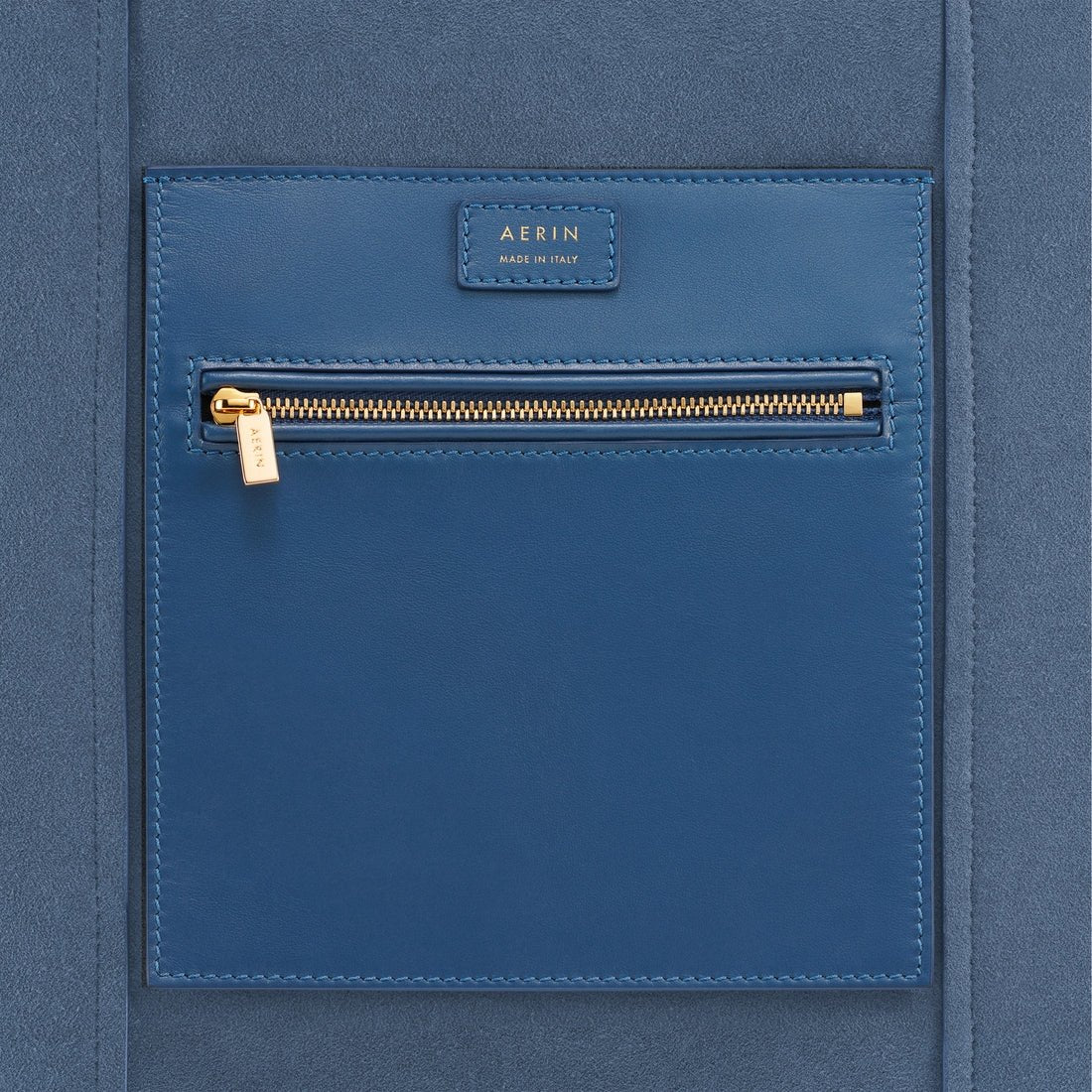 Mini Weekender in Denim Blue Suede by AERIN at Fig Linens and Home - Zipper Detail
