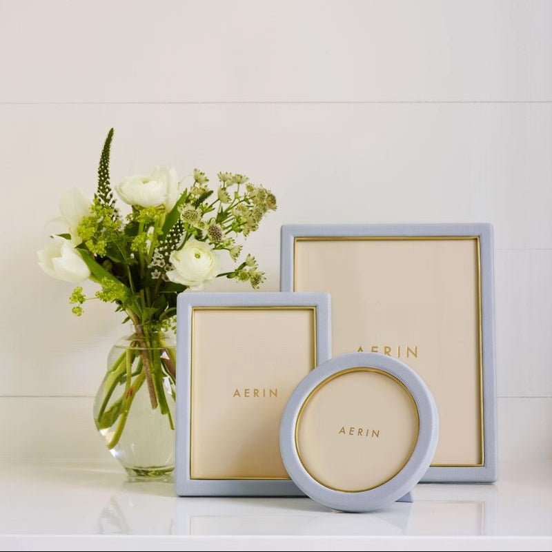 Piero Leather Frame in Blue Haze - 5X7 by AERIN Overall 6.1" x 8.1" x 0.9" for 5"x 7" Photo Blue Haze at FIG LINENS AND HOME 2