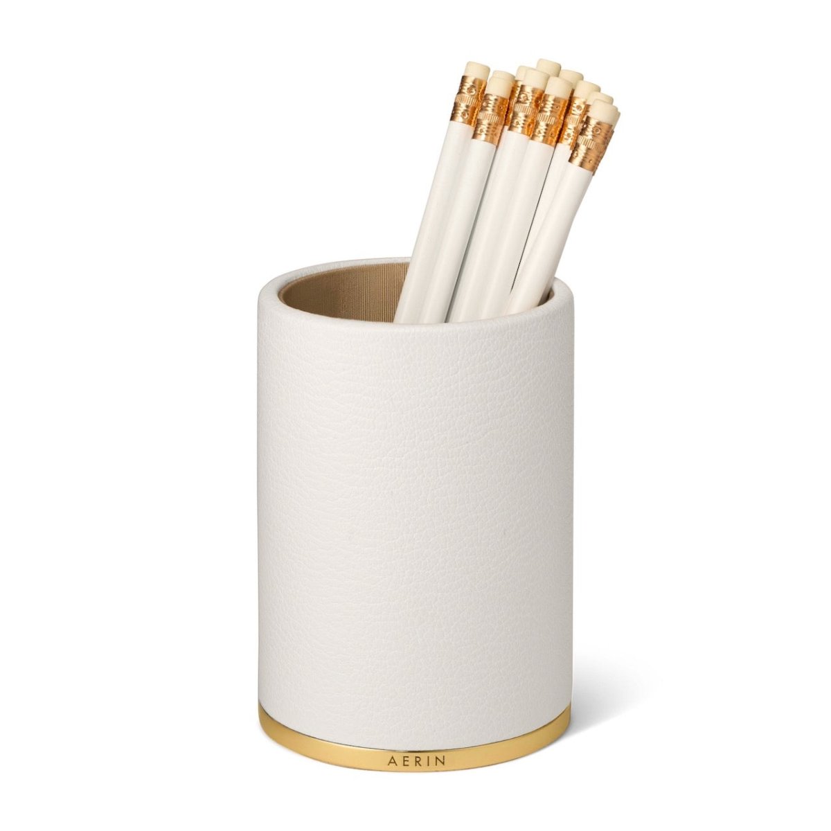Piero Leather Pencil Cup in Shadow White by AERIN 3.5" x 3.4" x 5.0" Shadow White at FIG LINENS AND HOME 1