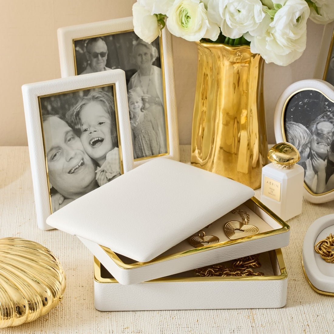 Lifestyle Photo of AERIN Piero Leather Small Stacked Jewelry Box at Fig Linens and Home