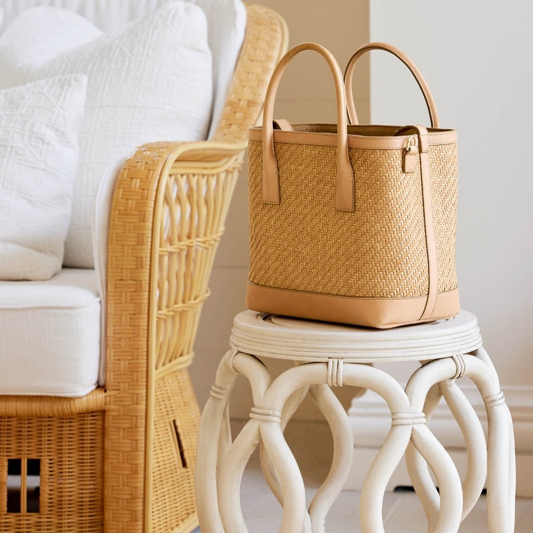 Raffia Nano Weekender Bag in Natural by AERIN at Fig Linens and Home - Lifestyle Photo