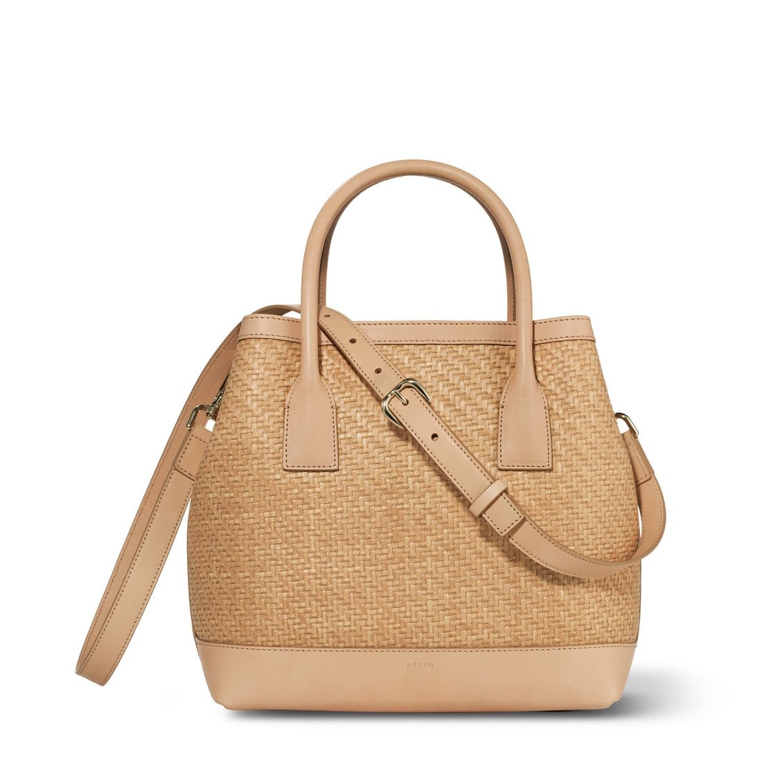 Raffia Nano Weekender Bag in Natural by AERIN at Fig Linens and Home - View with Crossbody Strap
