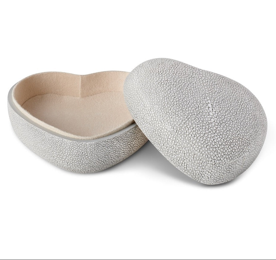 Shagreen Heart Box in Dove by AERIN shown with open lid - Fig Linens and Home
