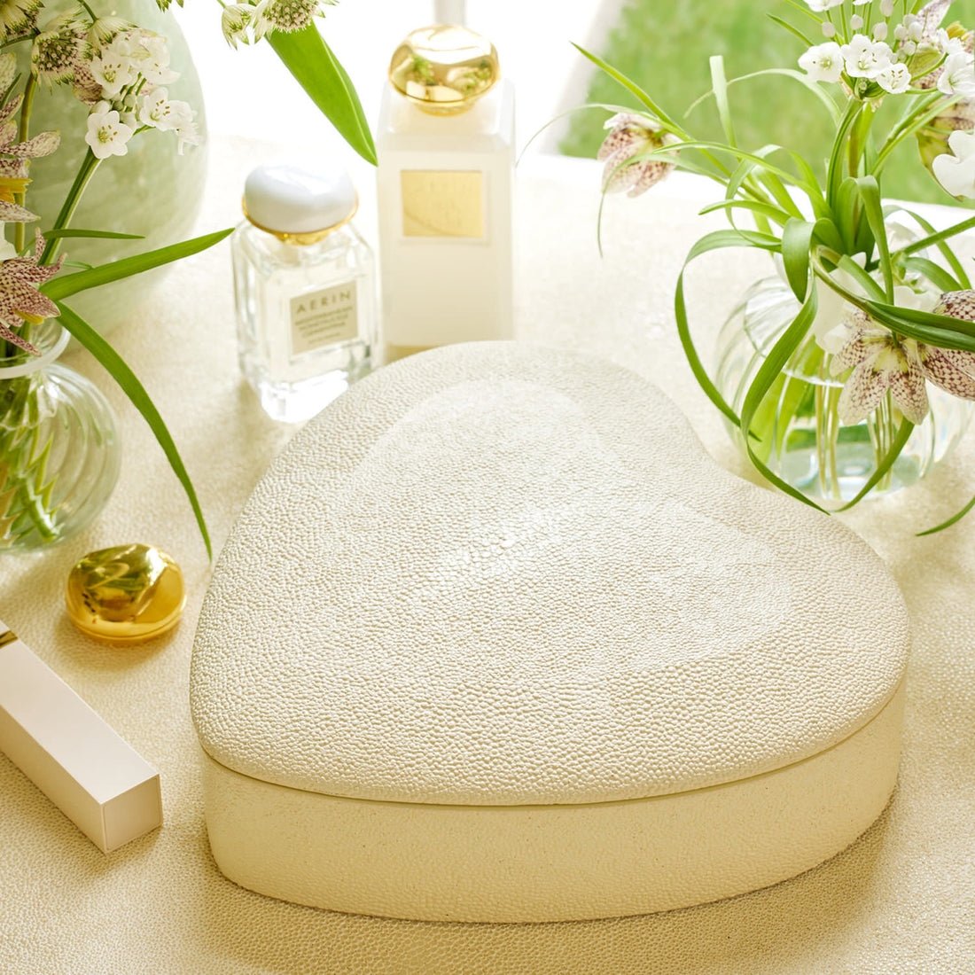Shagreen Heart Jewelry Box Cream AERIN at Fig Linens and Home - Lifestyle 4