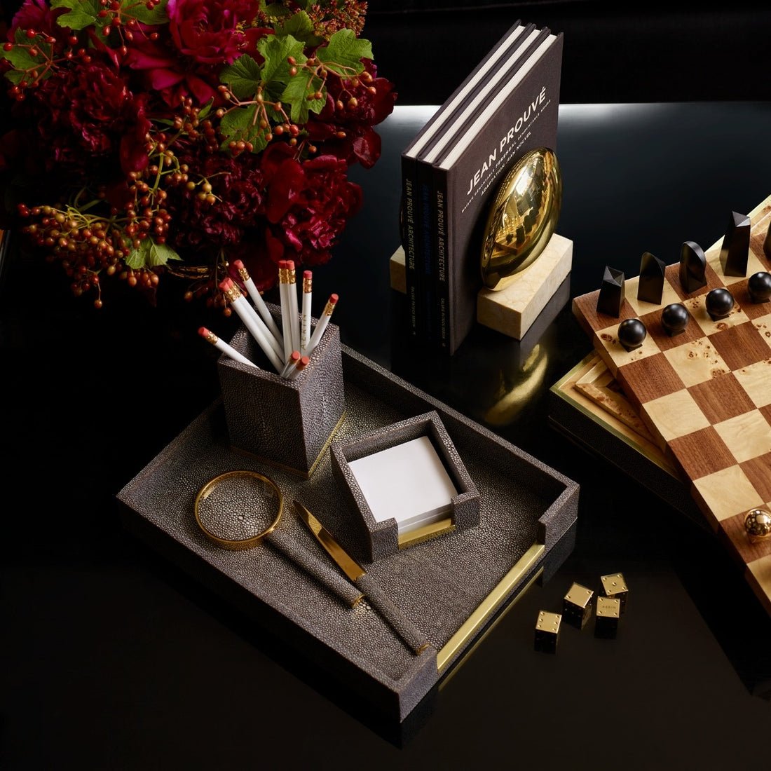 AERIN Shagreen Pencil Cup in Chocolate | Desk Accessories at Fig Linens and Home - Lifestyle 2