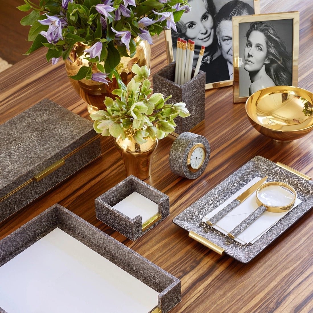 Shagreen Vanity Tray in Small in Chocolate by AERIN - Lifestyle Photo with Chocolate Shagreen Decor
