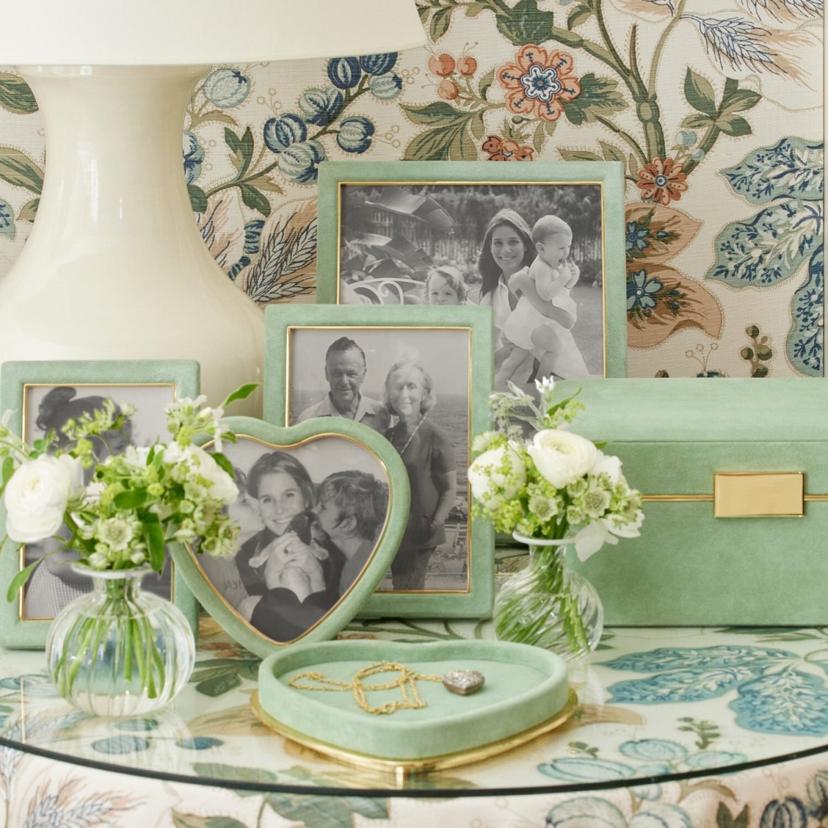 Valentina Suede Heart Frame in Sage by AERIN at Fig Linens and Home - Lifestyle