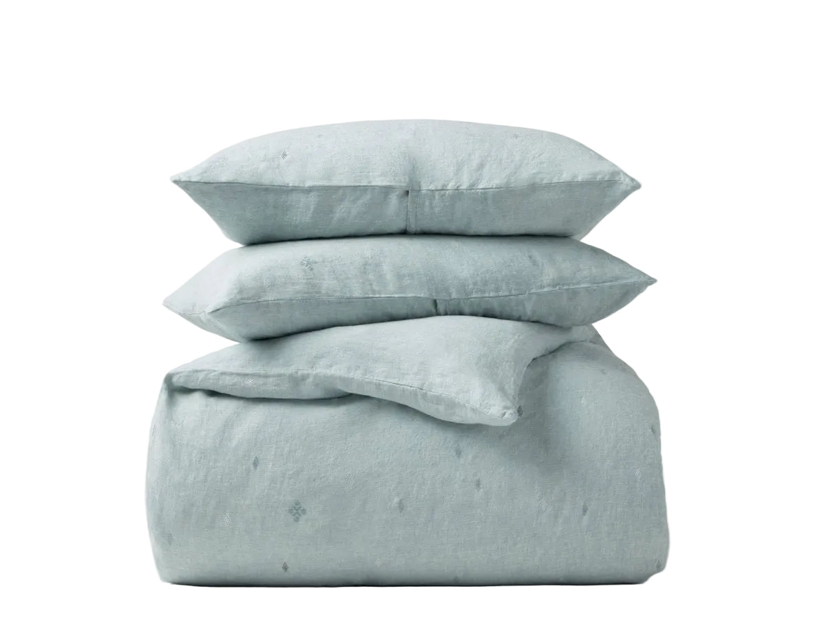 Duvet and Shams Stacked- Coyuchi Cambria Embroidered Organic Linen Pacific Blue Chambray Bedding