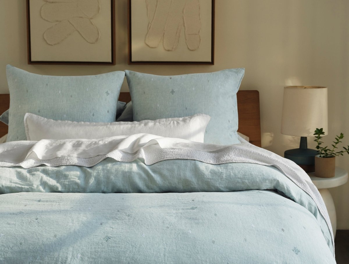Coyuchi Cambria Embroidered Organic Linen Pacific Blue Chambray Bedding at Fig Linens and Home - 1