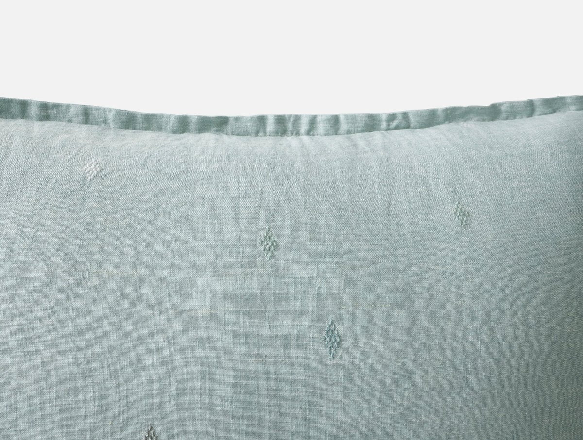 Pillow Detail - Coyuchi Cambria Embroidered 100% Organic Linen Pacific Blue Chambray Bedding 2