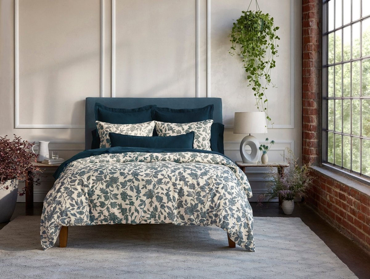 Ophelia Print Midnight Indigo Duvet Cover Styled Room View 2 | Coyuchi at Fig Linens and Home