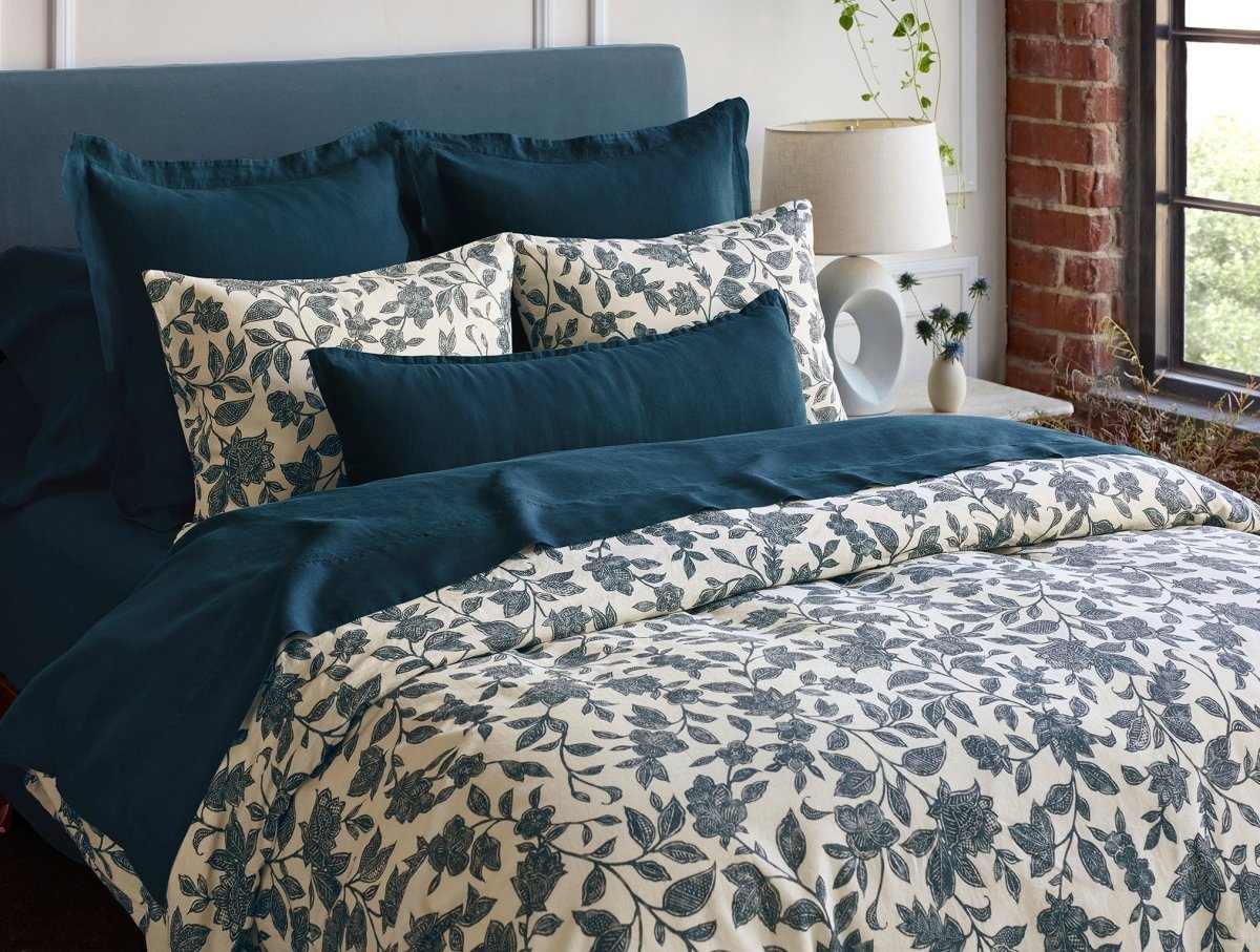 Ophelia Print Midnight Indigo Sham Styled Room View | Coyuchi at Fig Linens and Home