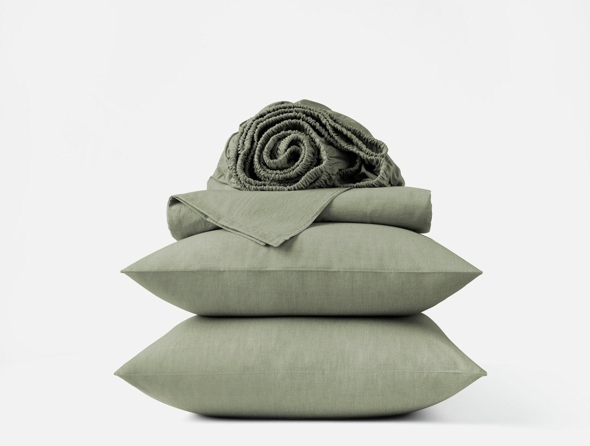 Organic Crinkled Percale Olive Chambray Sheet Set | Coyuchi at Fig Linens and Home