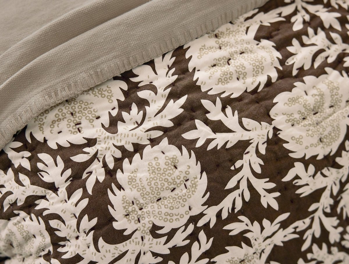 Robles Handstitched Organic Carob w/ Khaki Quilt Styled Room View 3 | Coyuchi at Fig Linens and Home
