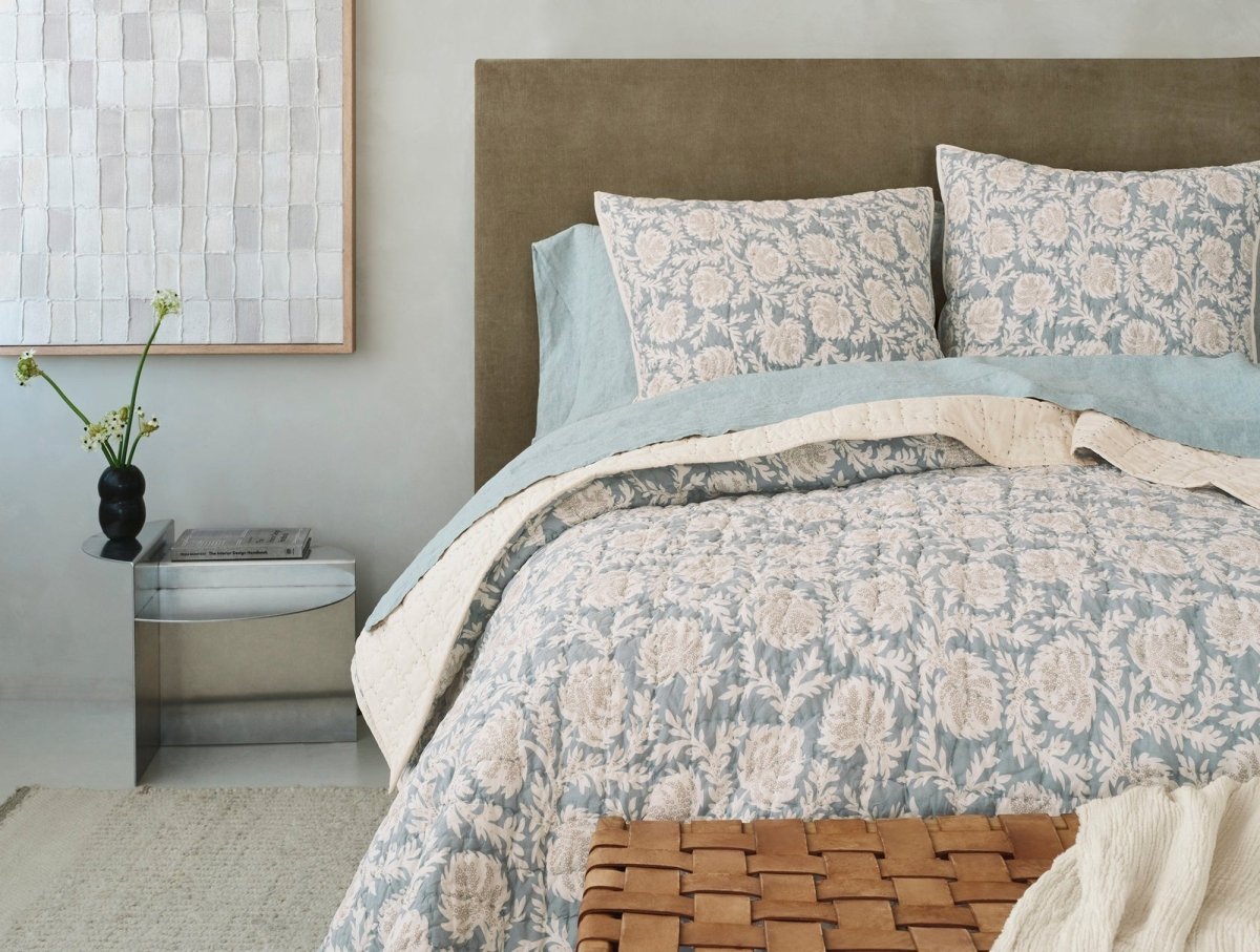 Coyuchi Robles Handstitched Organic Quilts in Tidal and Khaki at Fig Linens and Home - Lifestyle 1
