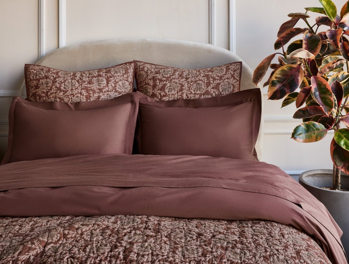Robles Handstitched Organic Mulberry w/ Carob Sham Styled Room View | Coyuchi at Fig Linens and Home