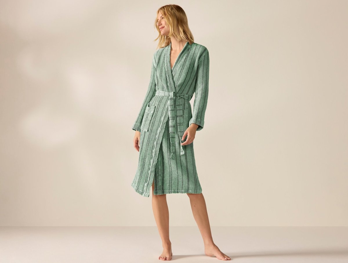 Unisex Organic Waffle Marled Spruce Stripe Robe | Coyuchi at Fig Linens and Home