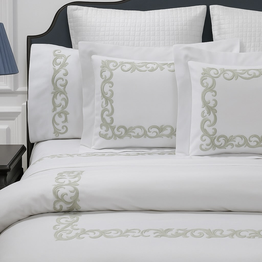 Dea Linens Marina Mint Green Embroidery King Duvet | Luxury Linens Sale at Fig Linens and Home 1