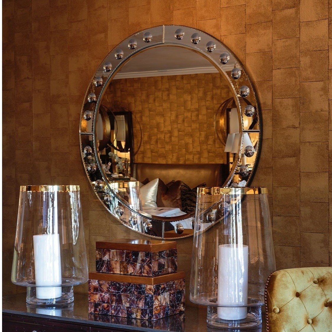 Fig Linens - Round Mirror Framed Wall Mirror by Barclay Butera | Mirror Image Home - Lifestyle