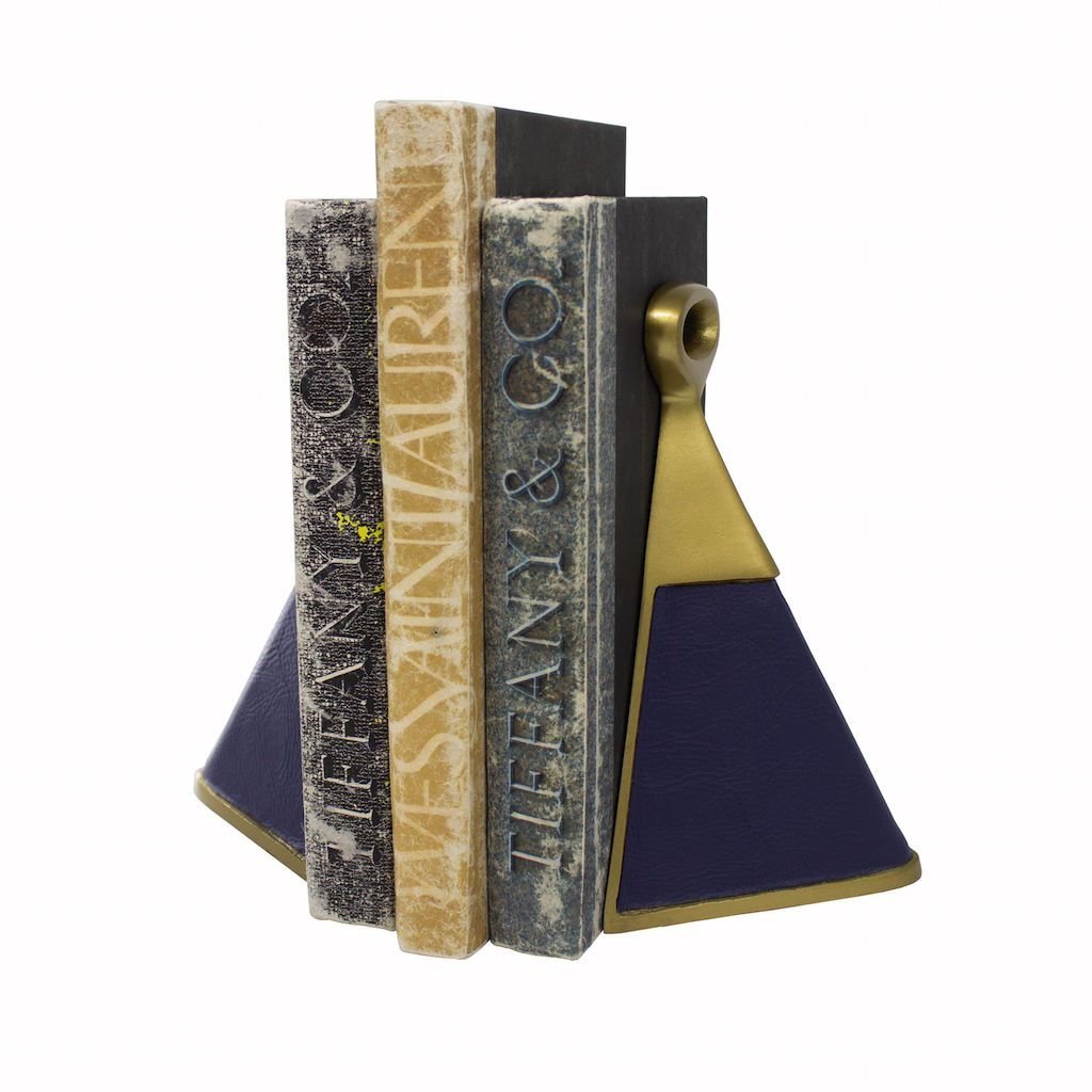 Worlds Away - Hooper Antique Brass & Navy Faux Leather Bookends | Fig Linens