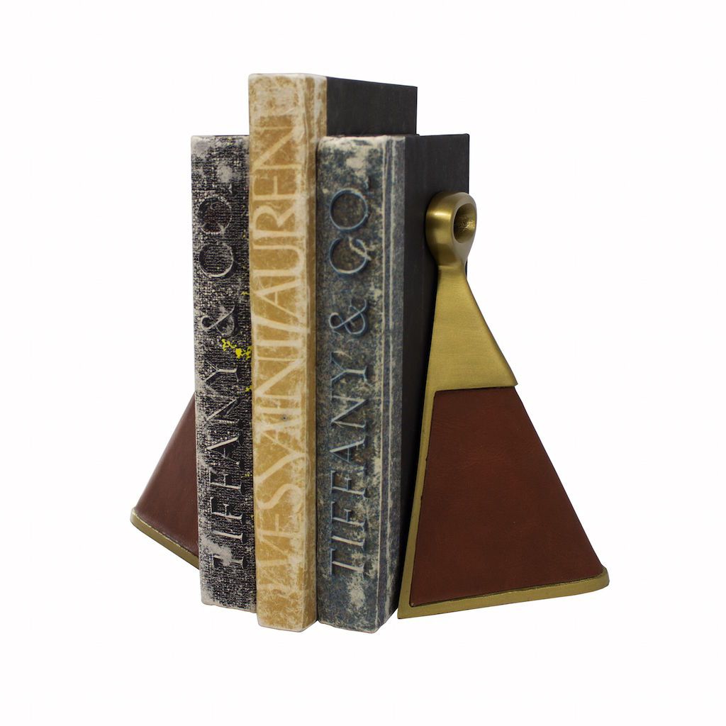 Fig Linens - Hooper Antique Brass & Brown Faux Leather Bookends