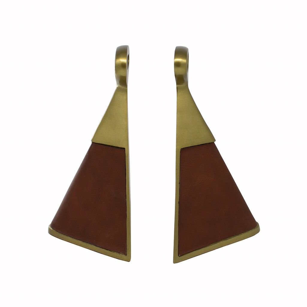 Fig Linens - Hooper Antique Brass & Brown Faux Leather Bookends - Set of 2