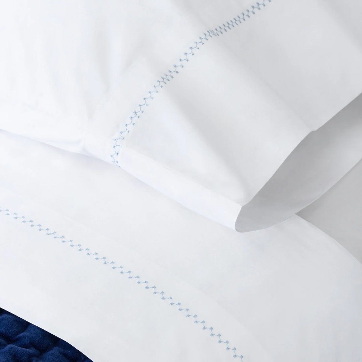 John Robshaw Sheets on Bed - Anketi Light Indigo Bedding at Fig Linens and Home