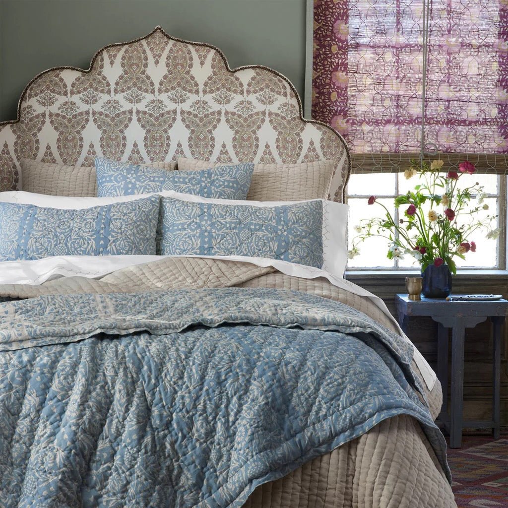 Raisa Slate Cotton Chambray Reversible Quilts by John Robshaw at Fig Linens and Home - Lifestyle 1