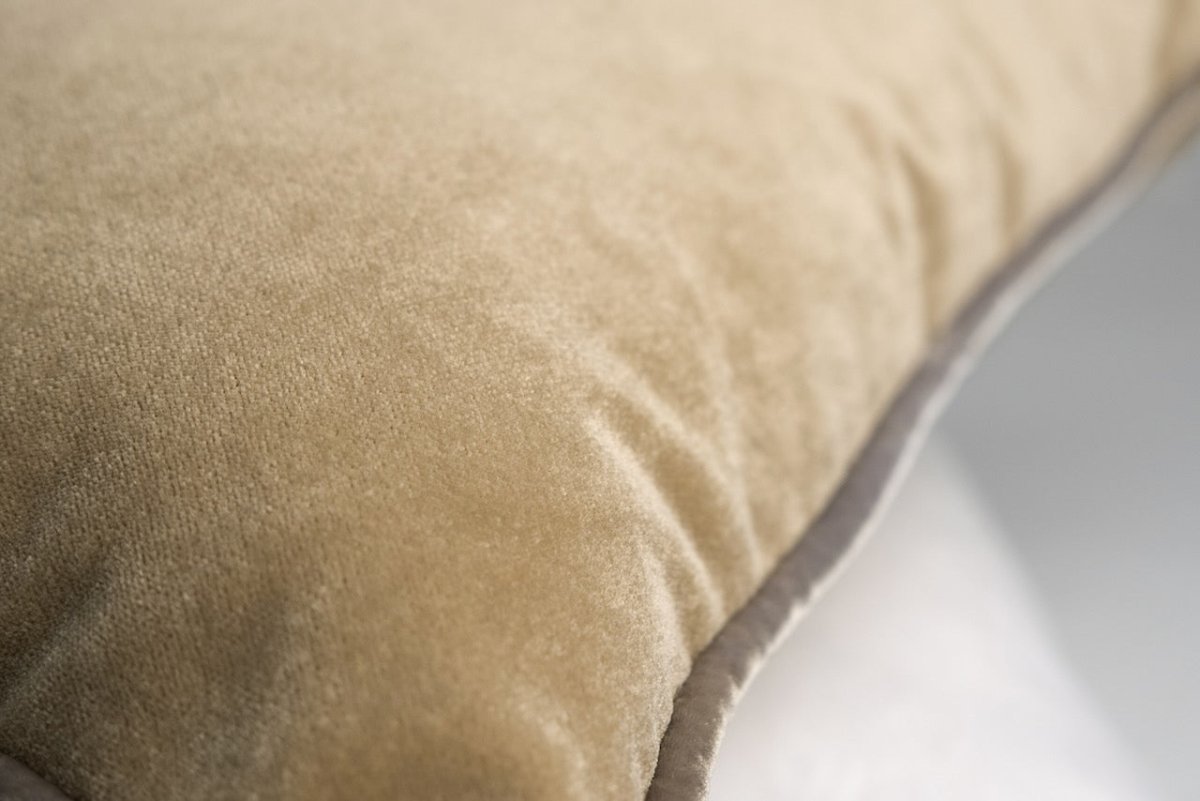 Tranquility Velvet Performance Pillows Nickel Kevin O'Brien Detail of Piping