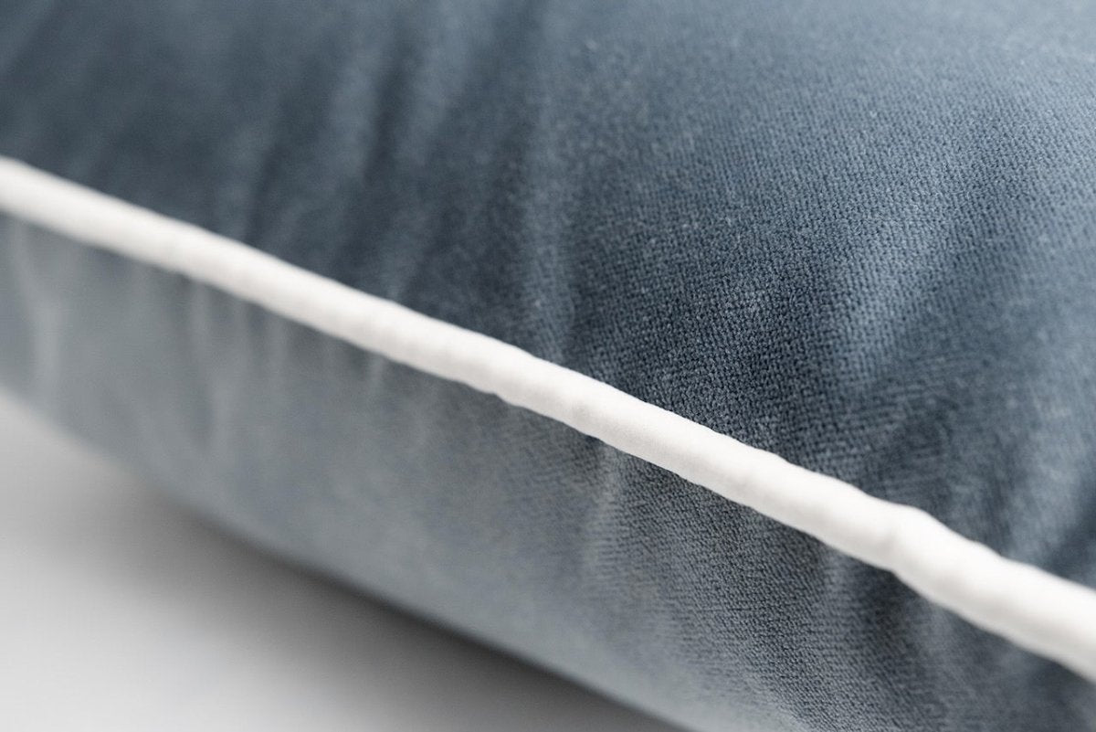 Tranquility Velvet Performance Pillows Sky Kevin O'Brien Detail of Piping