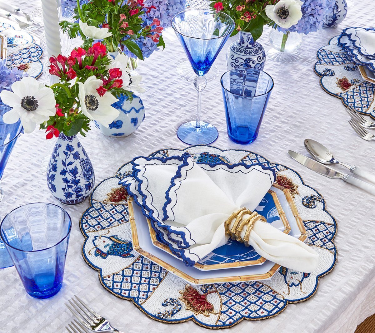 Arches Napkin in White & Blue Set of 4 by Kim Seybert at Fig Linens and Home - Lifestyle 4