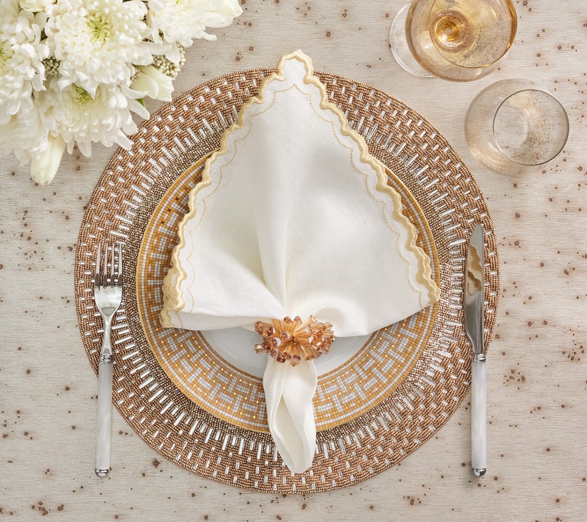 Arches Napkin in White & Gold Set of 4 by Kim Seybert at Fig Linens and Home - Lifestyle 1