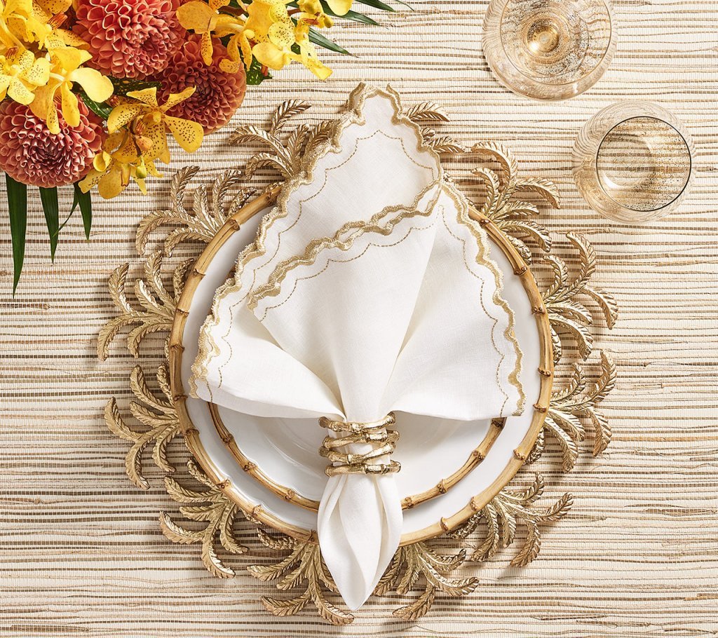 Arches Napkin in White & Gold Set of 4 by Kim Seybert at Fig Linens and Home - Lifestyle 2