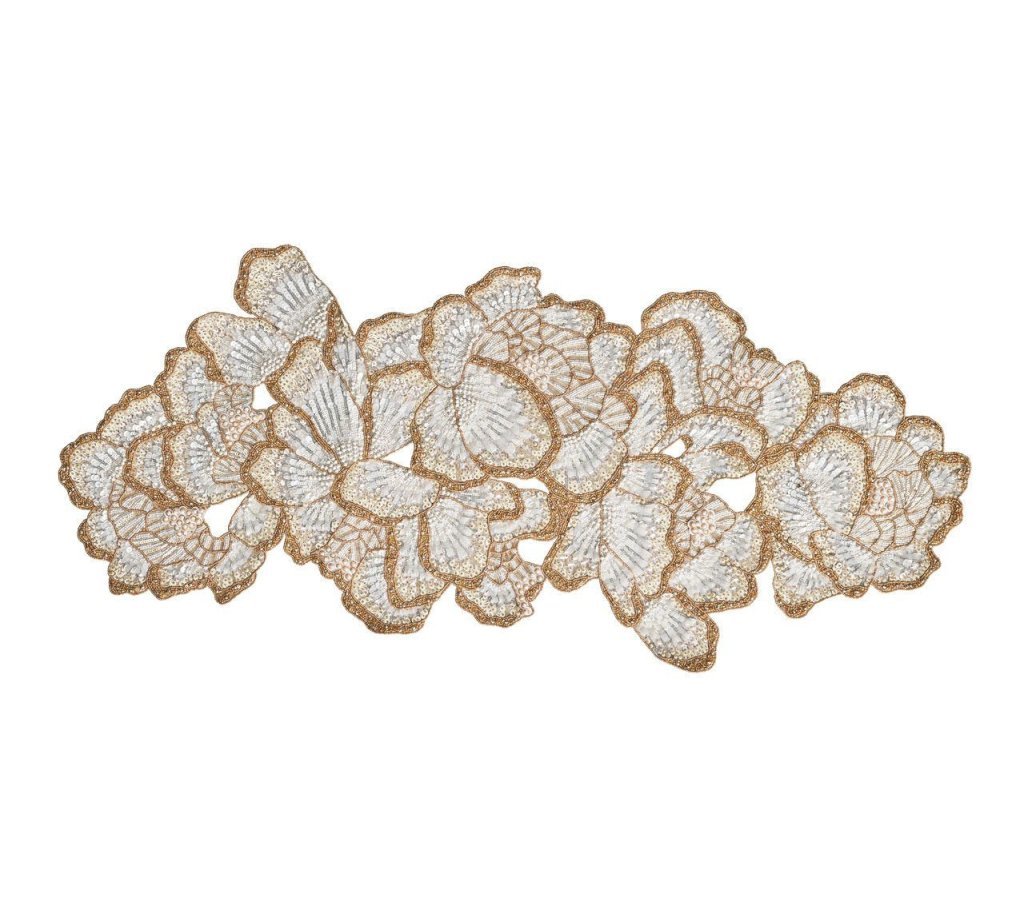 Botanica Table Runner in White Gold & Silver by Kim Seybert WHITE/GOLD/SILVER 37.25"L x 17.25"W x 0.2"H at FIG LINENS AND HOME 2