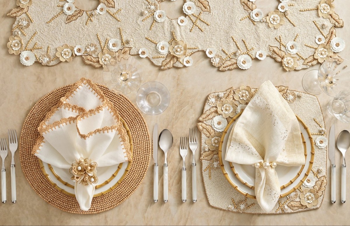 Kim Seybert Bramble Table Runner in Ivory, Natural & Gold at Fig Linens and Home 3