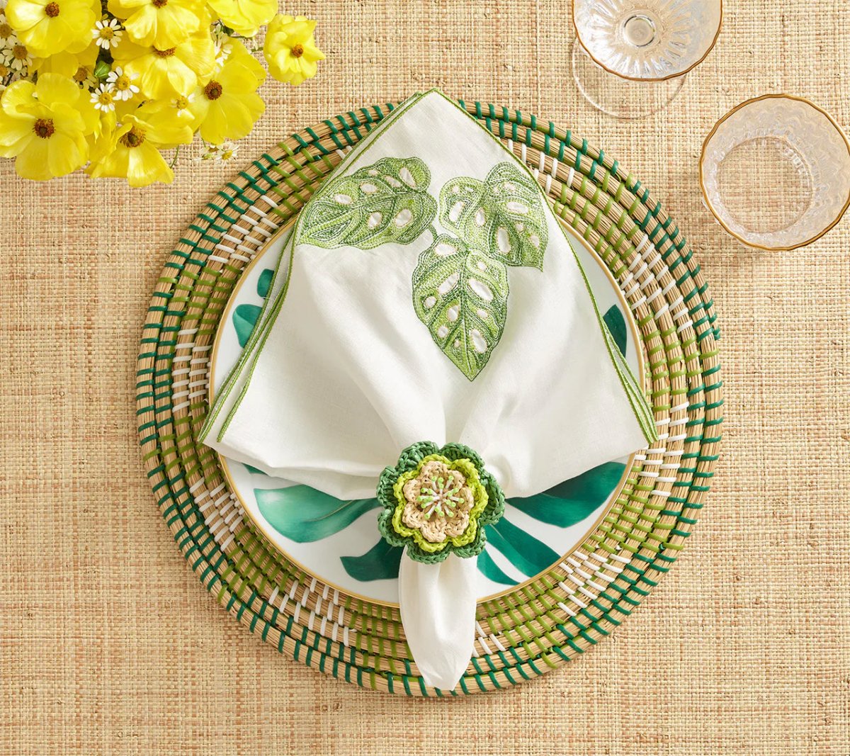 Calypso Napkin in White & Green | Kim Seybert Tropical Napkins at Fig Linens and Home Lifestyle 1