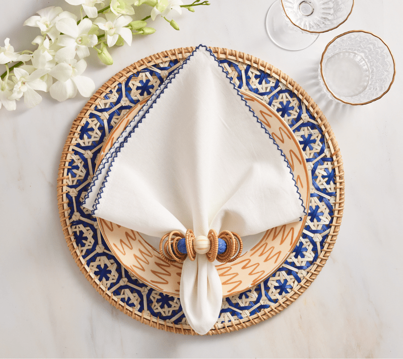 Calypso Napkin Ring in Natural & Blue Set of 4 by Kim Seybert - Lifestyle 1